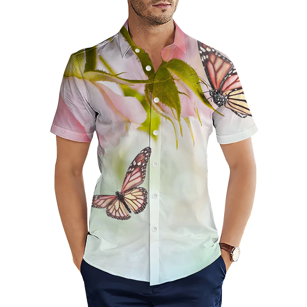 HX Fashion Animal Hawaii Shirts Plant Blue Orchid Butterfly 3D Printed Casual Shirts Men Summer Short Sleeve Tops Camisas