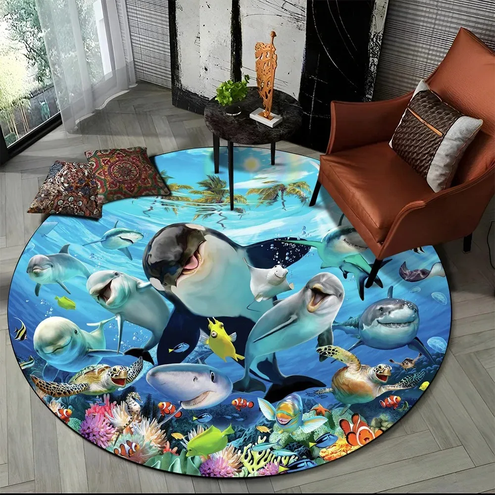 Underwater World Dolphin Cartoon Round Carpet Living Room Bedroom Anti-Slip Mat Home Decoration Bathroom Absorbent Floor Mat