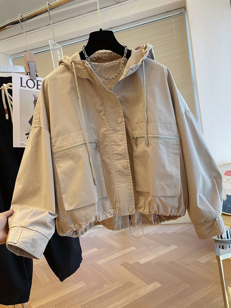 Hooded Jackets Women's Clothing Vintage Solid Drawstring Loose Outwear 2024 Ropa Mujer Casual Pocket Fashion Y2k All Match Coat