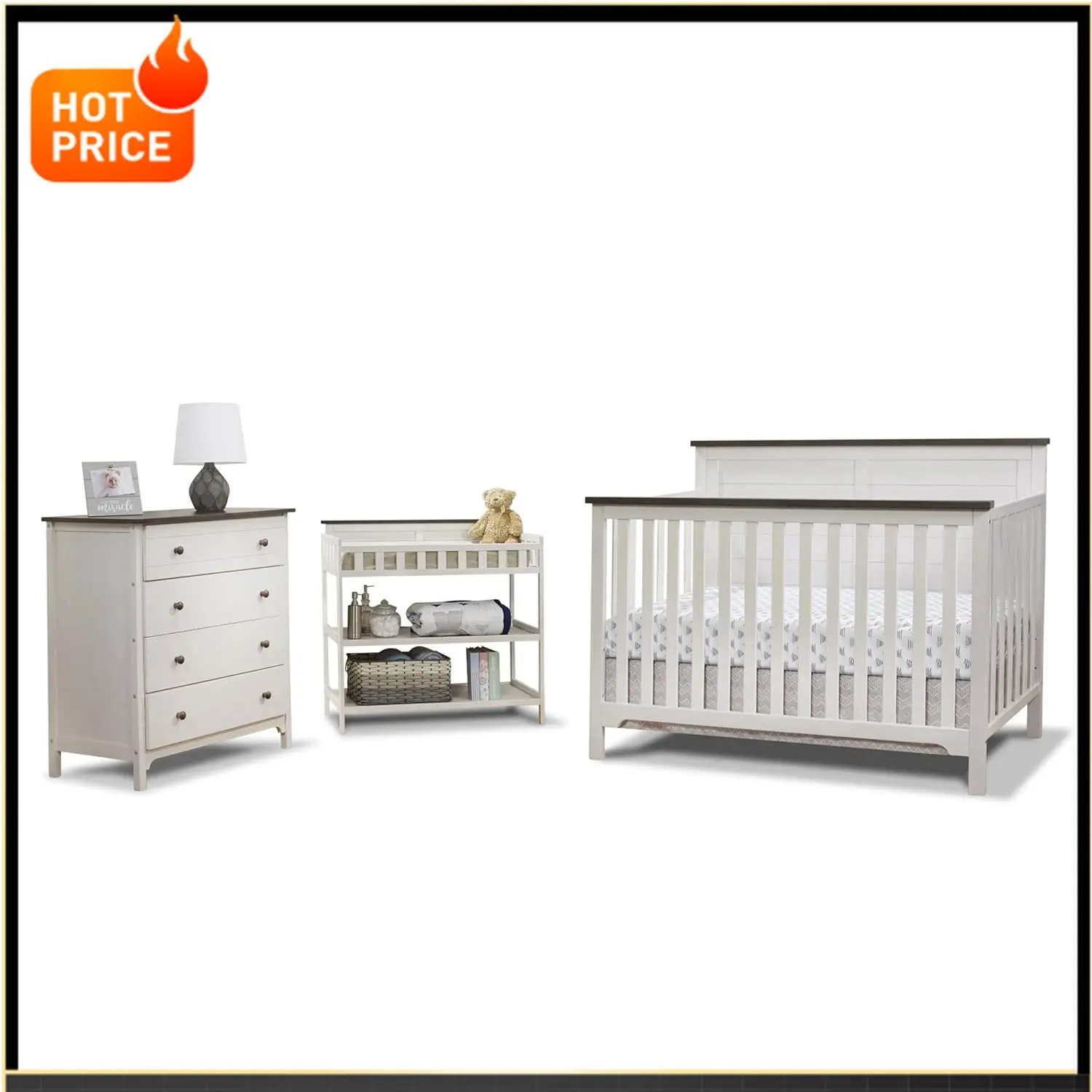 

Бестселлер: Комплект мебели для детской комнаты в стиле фермерского дома из 3 предметов: кроватка-трансформер 4-в-1, комод с 4 ящиками и пеленальный столик с полкой