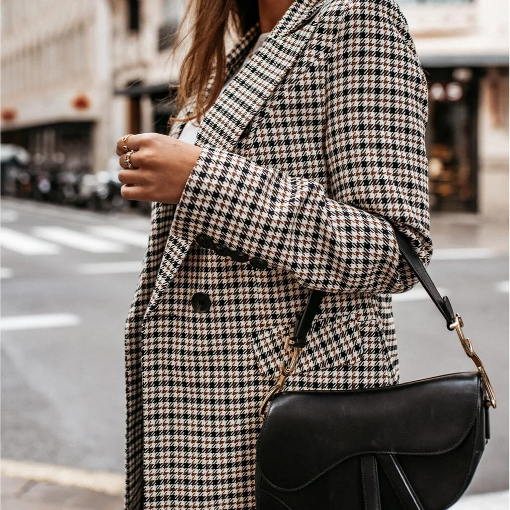 Autumn/Winter Women\'s Long Sleeve Plaid Blazer Female Korean Style Office Suit Collar Jacket Coat