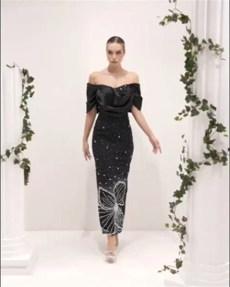 

Black Pink Crystals Pearls Prom Dress Sexy Off Shoulder Sheath Party Bridal Gown Bandage Formal Guest Wedding Birthday Robe