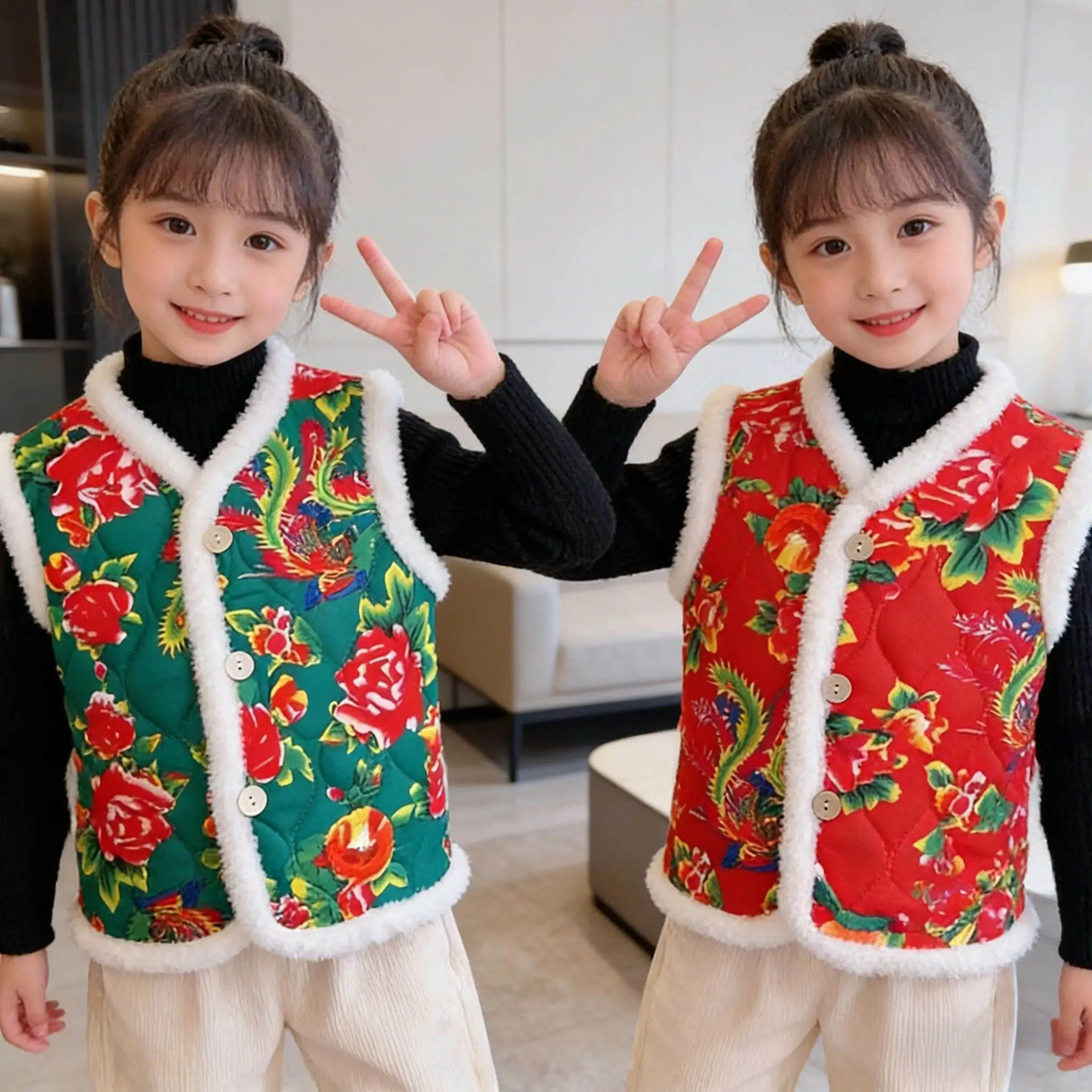 

Утепленный флисовый детский жилет с цветочным принтом, праздничная одежда на Новый год, теплая одежда в традиционном китайском стиле, товары для праздников