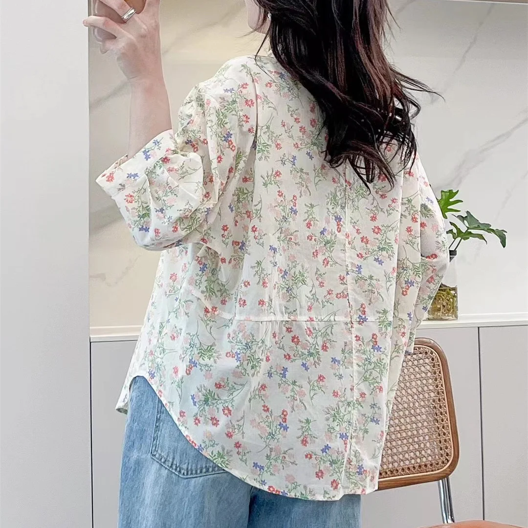 New Spring Cotton Sweet Shirts Women 3/4 Sleeve Floral Printed Tops Girl Casual Loose Elegant Blouses 2024 Summer T44391QM