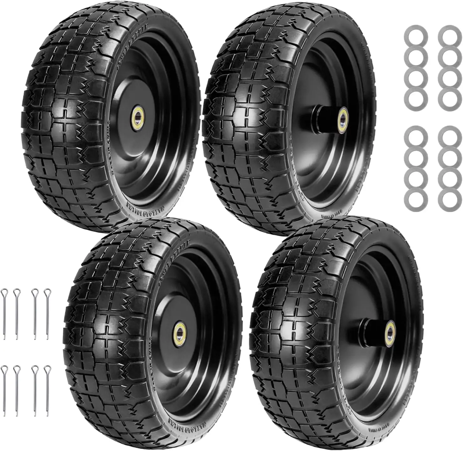 

13" Flat Free Solid Tire, 4.00-6 Size, for Carts and Wheelbarrows, 5/8" Bearings, 2.1" Offset Hub, Set of 4