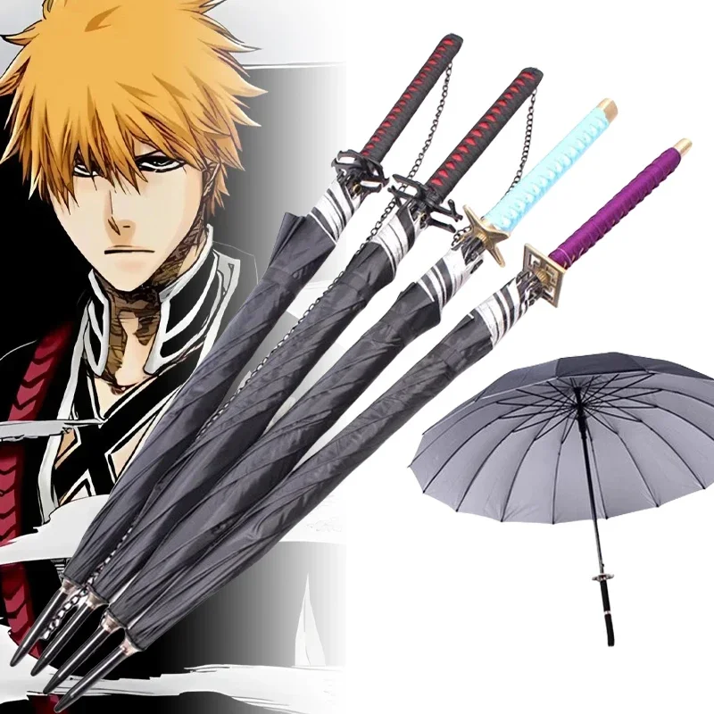 Kurosaki Ichigo Katana Umbrella Long UV Blocking Black Parasol Anime Bleach Aizen Sousuke Samurai Sword Katana Umbrella Parasol