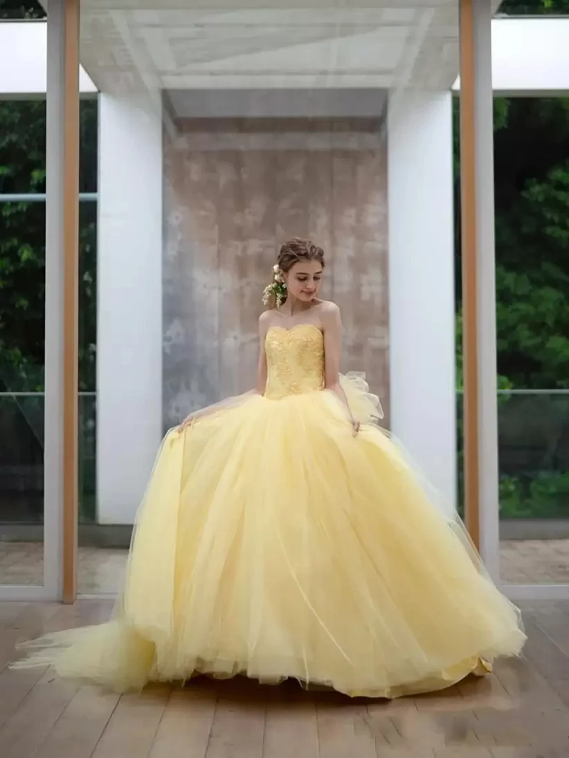 

Elegant Gorgeous Yellow Quinceanera Dress for Women 2022 Sweetheart Lace Applique Big Bow Knot Formal Sweet 15 Party Prom Gowns