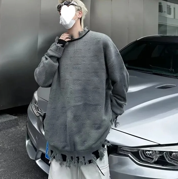 

2025 American Retro Two-Piece Sweater Men Distressed Knit Oversized Pullover Winter