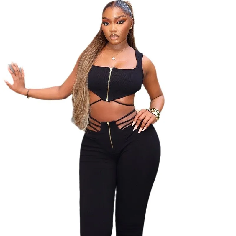 

Women's Sleeveless Super-short Vest Tops & Long Flare Pants, Lace-up Bandage, Zipper, Solid Color, Sexy
