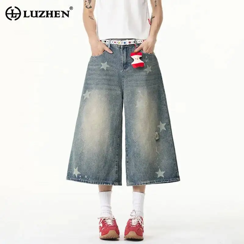 

LUZHEN 2026 Summer New Pentagram Printed Gradient Washed Vintage Straight Cropped Denim Pants Men's Fashion Loose Jeans JY7362