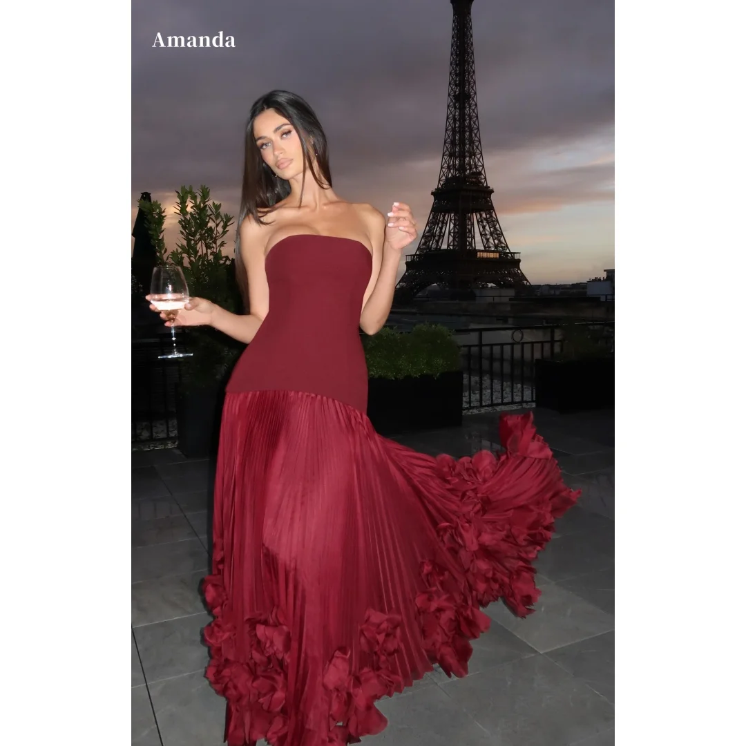 

Amanda Customized Burgundy Strapless Prom Dress Pleated 3D Floral Flared Skirt vestidos de noche Formal Evening Elegant Wedding