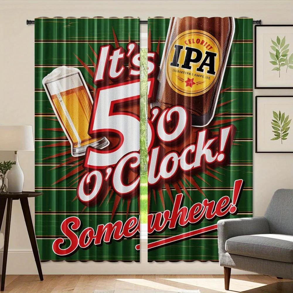 Beer Theme Curtain, It's 5 O'Clock Window Drape, Vintage Pub Sign Blackout Panel, Man Cave Bar Kitchen Decor