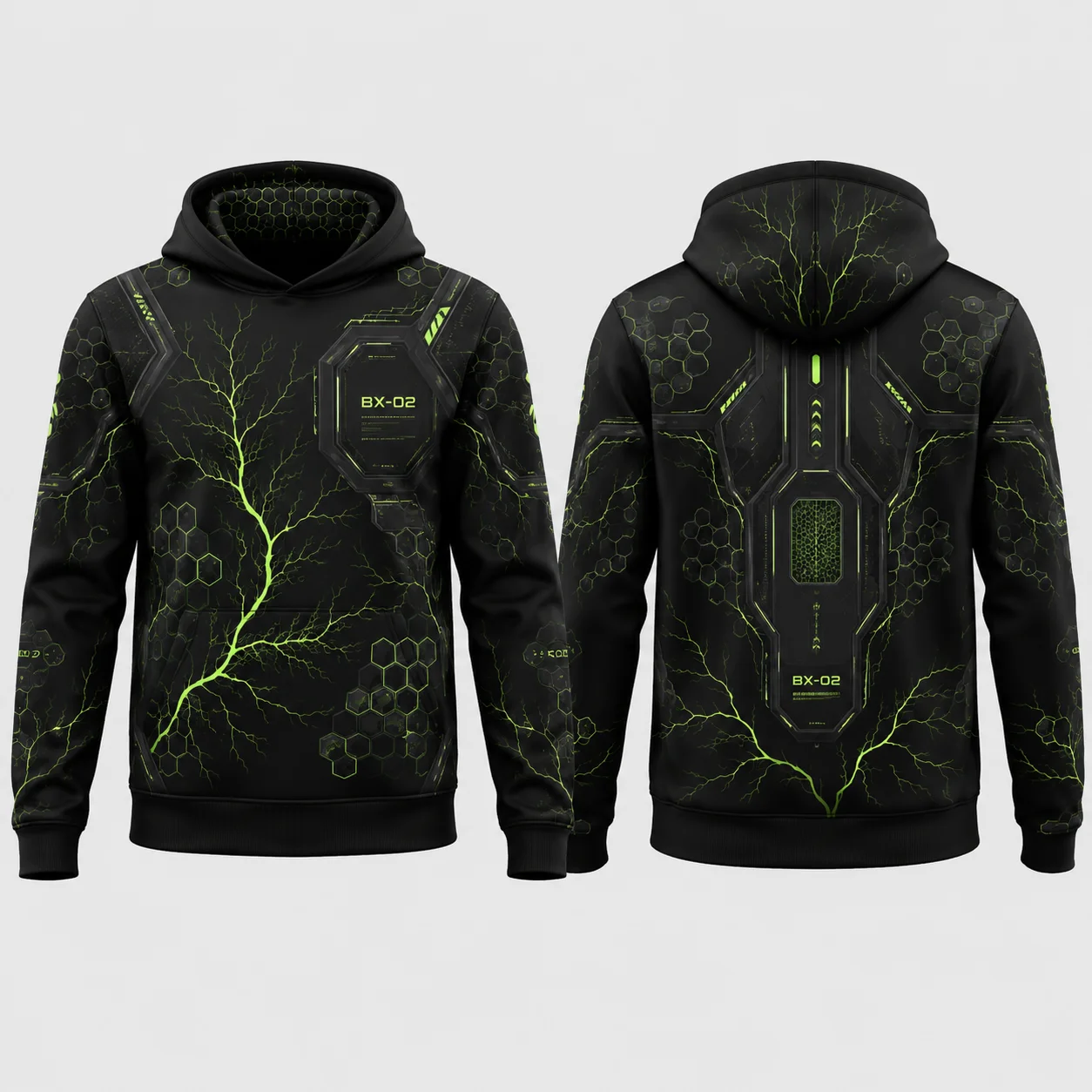 Cyber Tech Hoodie Men Black Green 3D Sublimation Print Flat Graphic Pullover Sweatshirt Futuristic Streetwear Casual Top