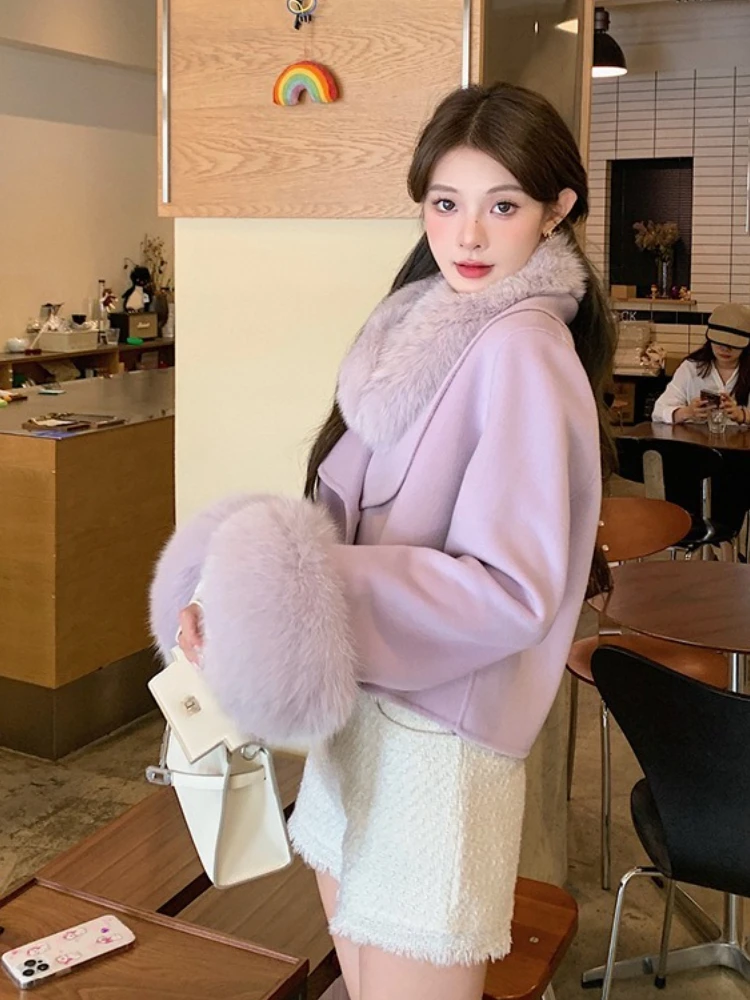 2025 Women Short Real Fox Fur Cuff Woolen Blends Jacket New Autumn Winter Clothes Fashion Warm Fur Collar Cashmere Wool Coat