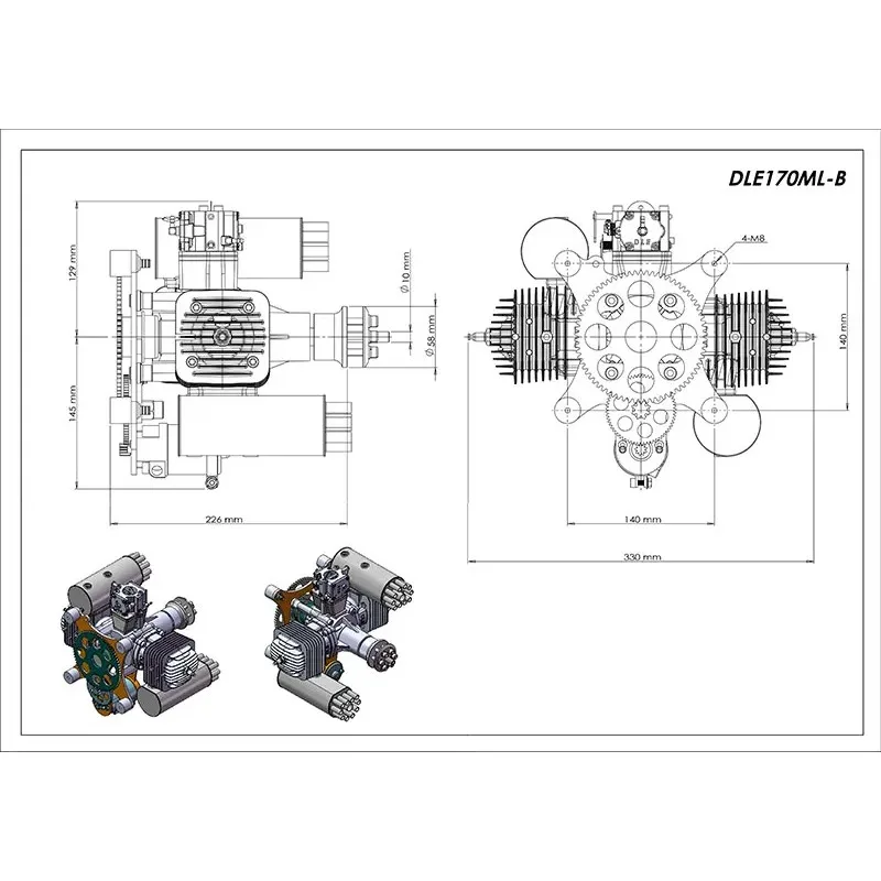 حار بيع DLE170ML باراموتور خفيف للغاية، محرك معدني، اسطوانة مزدوجة، تبريد الهواء الطبيعي، بداية كهربائية، DLE 170ML، 170CC