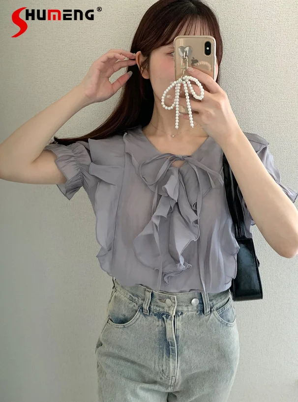 

Japanese Style Elegant Sweet Versatile Blouse Ruffled Lace-up Bow V-Neck Puff Sleeves Simple Loose Casual Shirt Top Women Summer