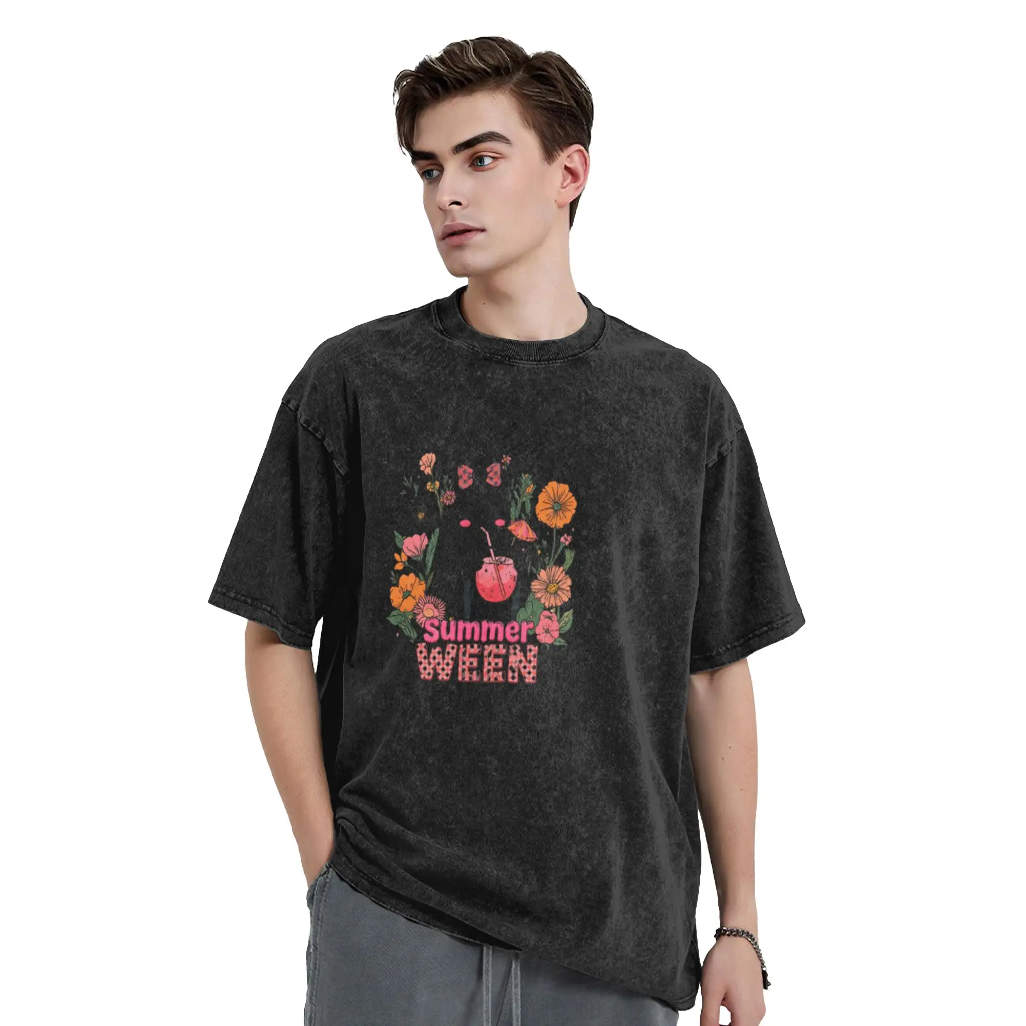 Summerween Cute Floral Ghost Girls Halloween  Unique Cool A Vintage Oversized Cotton Unisex T-Shirts