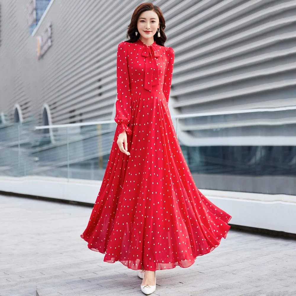 New Women Spring Autumn Red Chiffon Dress Fashion Ribbon Collar Strawberry Print Long Dress Elegant Slim Bohemia Beach Dress