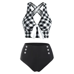 Dressfo Women's Tummy Control Tankini Set Swimsuit Plaid Print Swimwear Crisscross Mock Button Knotted Summer Beach Bathing Suit
