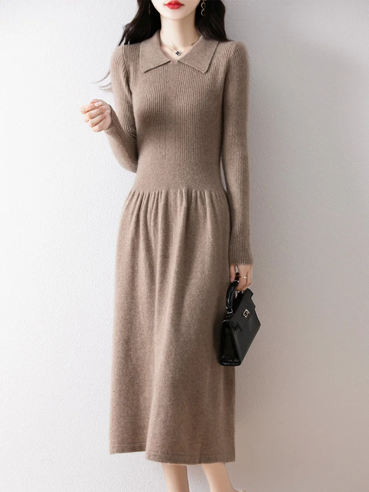 Women's Pure 100% Wool Knitted Dress, Polo Collar, Slim Fit, Fashionable, Warm, Korean Style, Autumn/Winter 2024