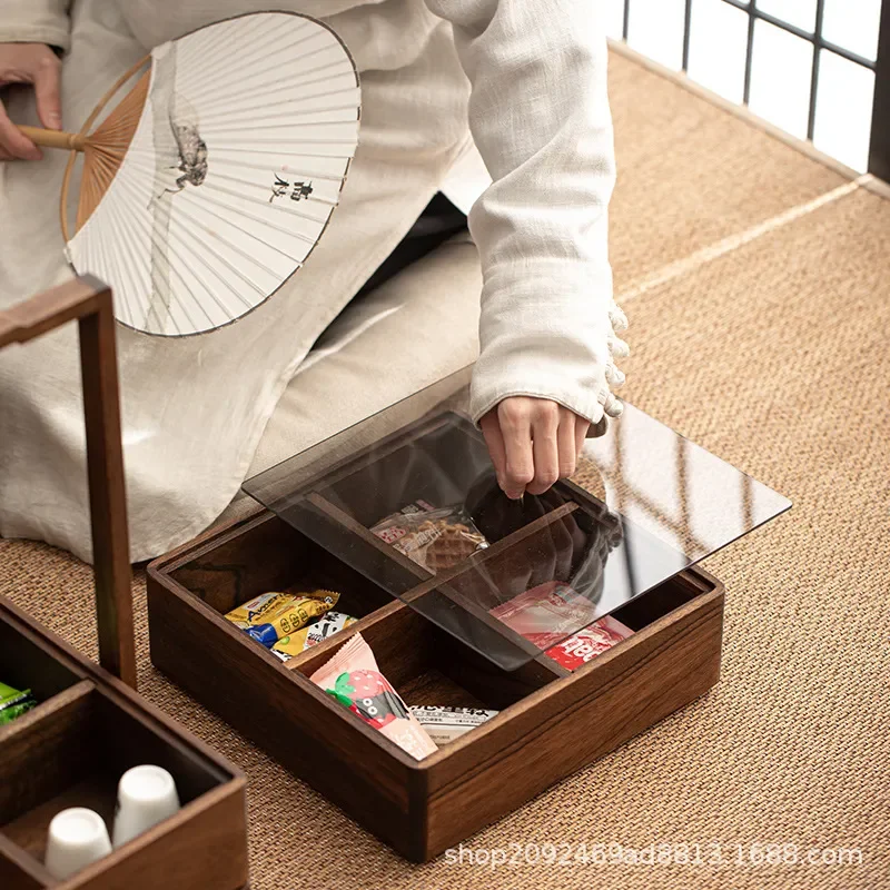 Walnut Solid Wood Chinese Dried Fruit Box Sigong Grid Full Box Candy Snack Box Multi Layer Portable Grid Fruit Plate