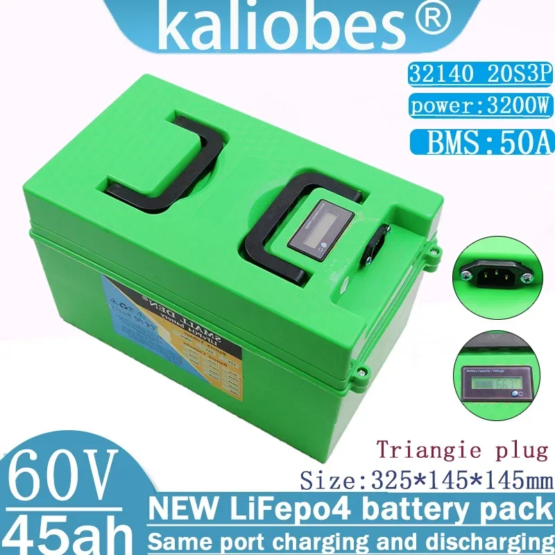 60V 45Ah Lifepo4 32140 new rechargeable battery pack with built-in 50A BMS electric vehicle 20S3P with display 3200W high power