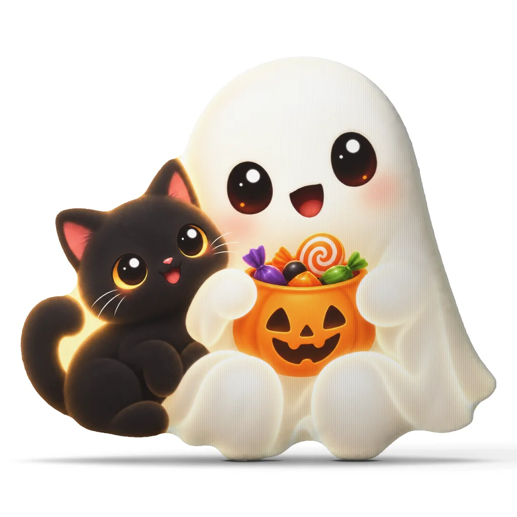 Cute Halloween Ghost Pillow with Black Cat and Pumpkin Candy Shaped Stuffed Cushion Trick or Treat Party Sofa Home Decor Gift