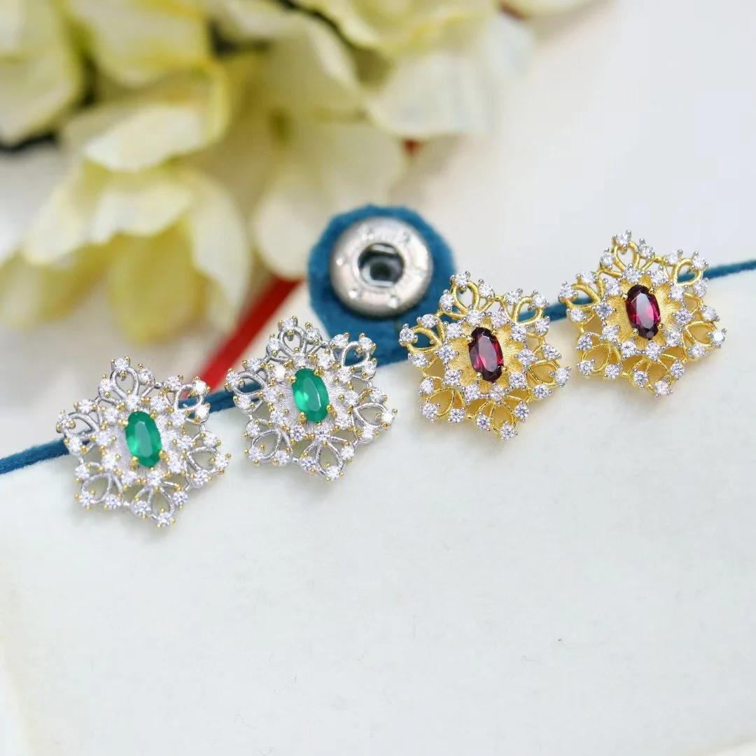 

Certificated 925 Sterling Silver Ornate Hollowed Natural Purple Garnet Green Agate Vintage Luxury Earrings Fine Jewelry