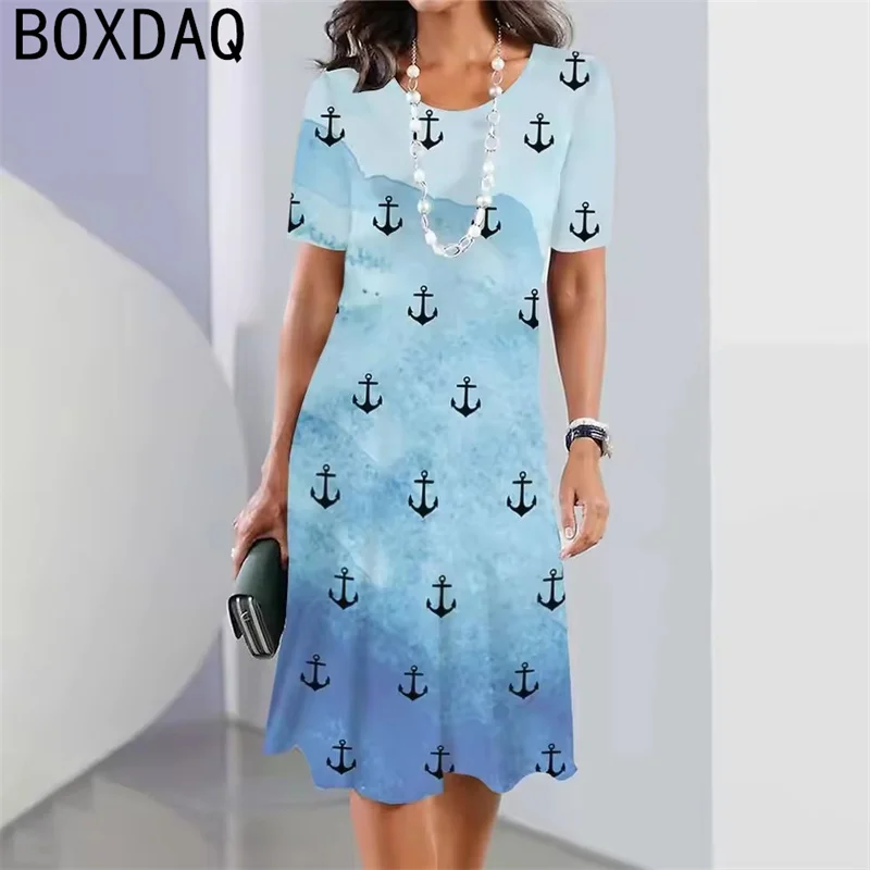 3D Anchor Print Summer Elegant Dress Women's Short Sleeve O-Neck A-Line Dress Oversize Blue-White Gradient Stripe Printing Dress