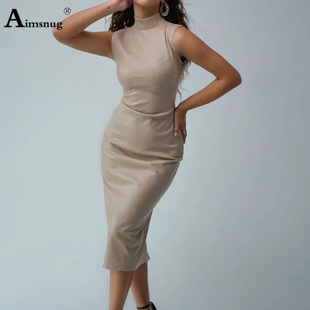 

2025 American And European Sexy Pu Leather Dress Mock Neck Skinny Dresses Women Sleeveless PVC Bodycon Ladies Mid-calf Dress New