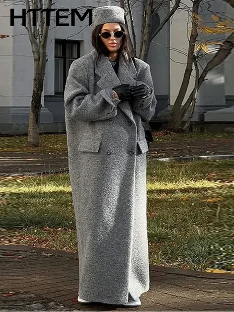 Grey Pocket Women's Overcoat Loose Turn-down Collar Double Breasted Ankle-length 2026 Winter Lady Full Sleeve Fashion Outwear