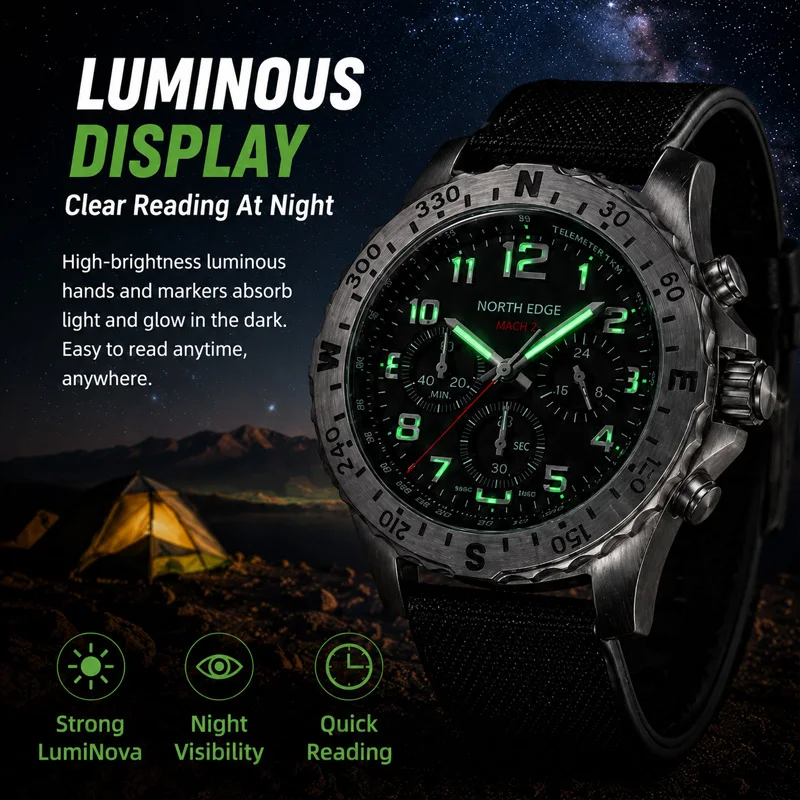 NORTH EDGE MACH 2 Men's Watches Solar Power 316 stainless steel Case Quartz Watch For Men Pilot Waterproof 50M Stopwatch 2026New - view 6