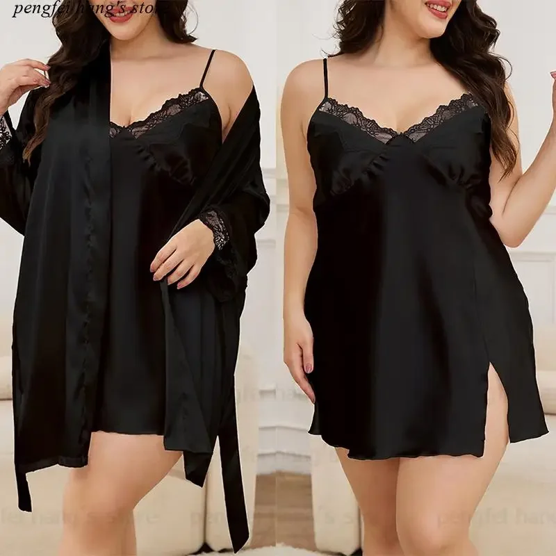 

Черный халат, женский костюм, большой размер 3Xl 4Xl 5Xl, ночная рубашка, женская сексуальная кружевная лоскутная одежда для сна, домашний халат, свободное нижнее белье