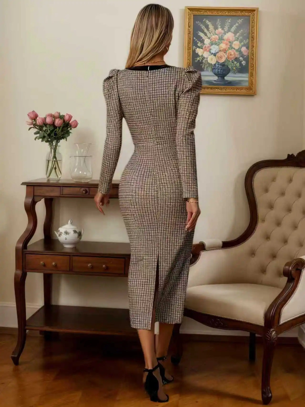 فستان نسائي متوسط الطول كاكي متقلب - ياقة مربعة، أصفاد منفوشة، فيونكة على شكل فراشة، شريط زخرفي متباين، فتحة جانبية #4