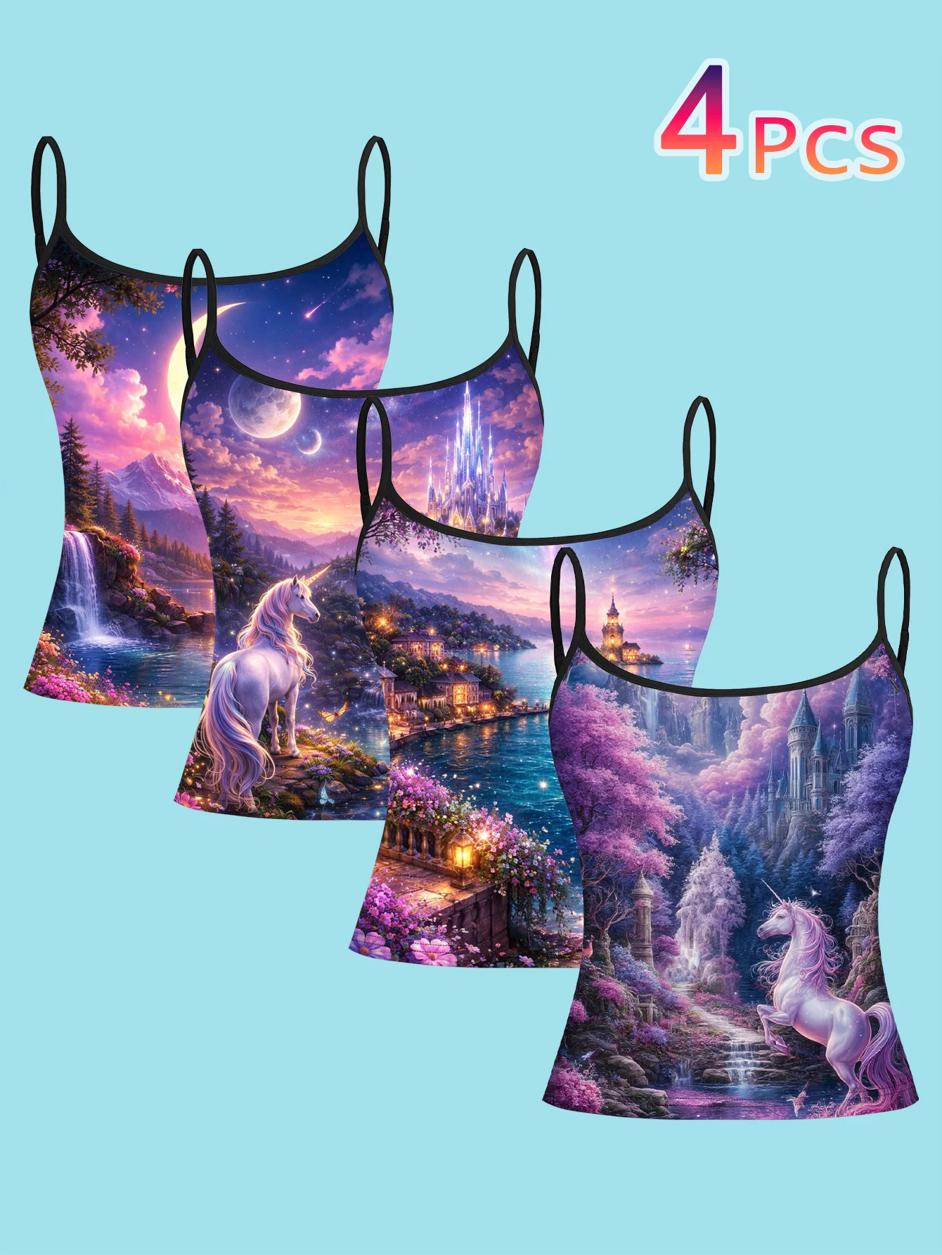 4-Piece Set of Star and Moon Unicorn Wonderland Suspenders Set with Purple Mist Flower Sea and Castle Pattern for Women's Base Layer Tank Top