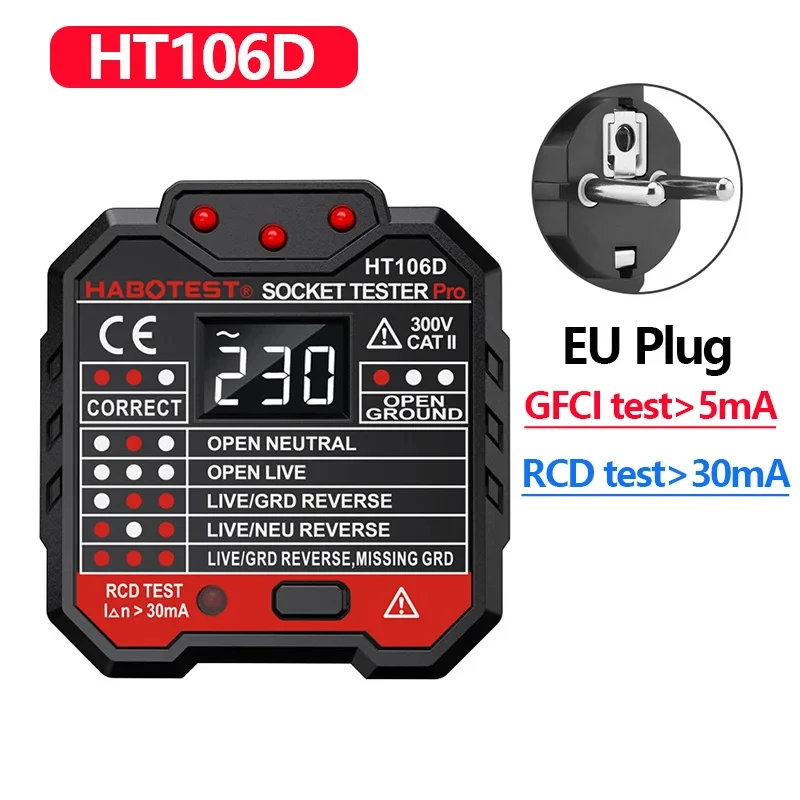 HT106/HT107 Digitale Outlet Socket Detector Spanningstest Socket Testers US/UK/EU Plug Ground Zero Line Fasecontrole RCD NCV Tester