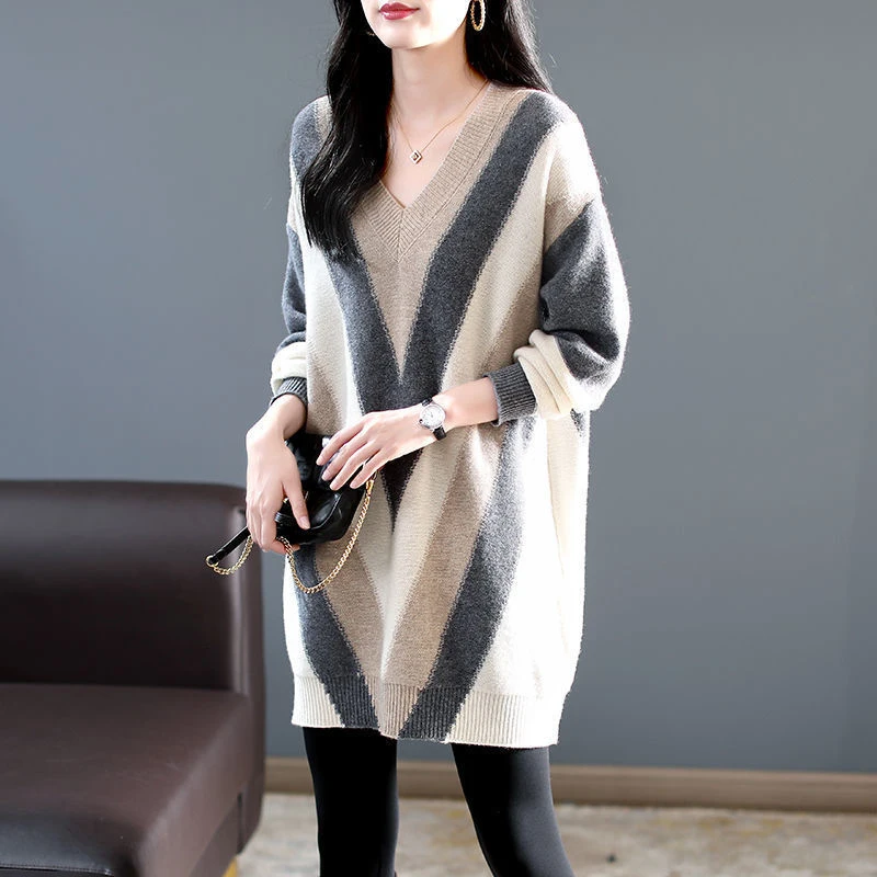 Vintage Korean Fashion V-neck Striped Long Sleeve Knitted Sweater for Women Autumn Winter Casual Loose Tunic Pullover Top Female