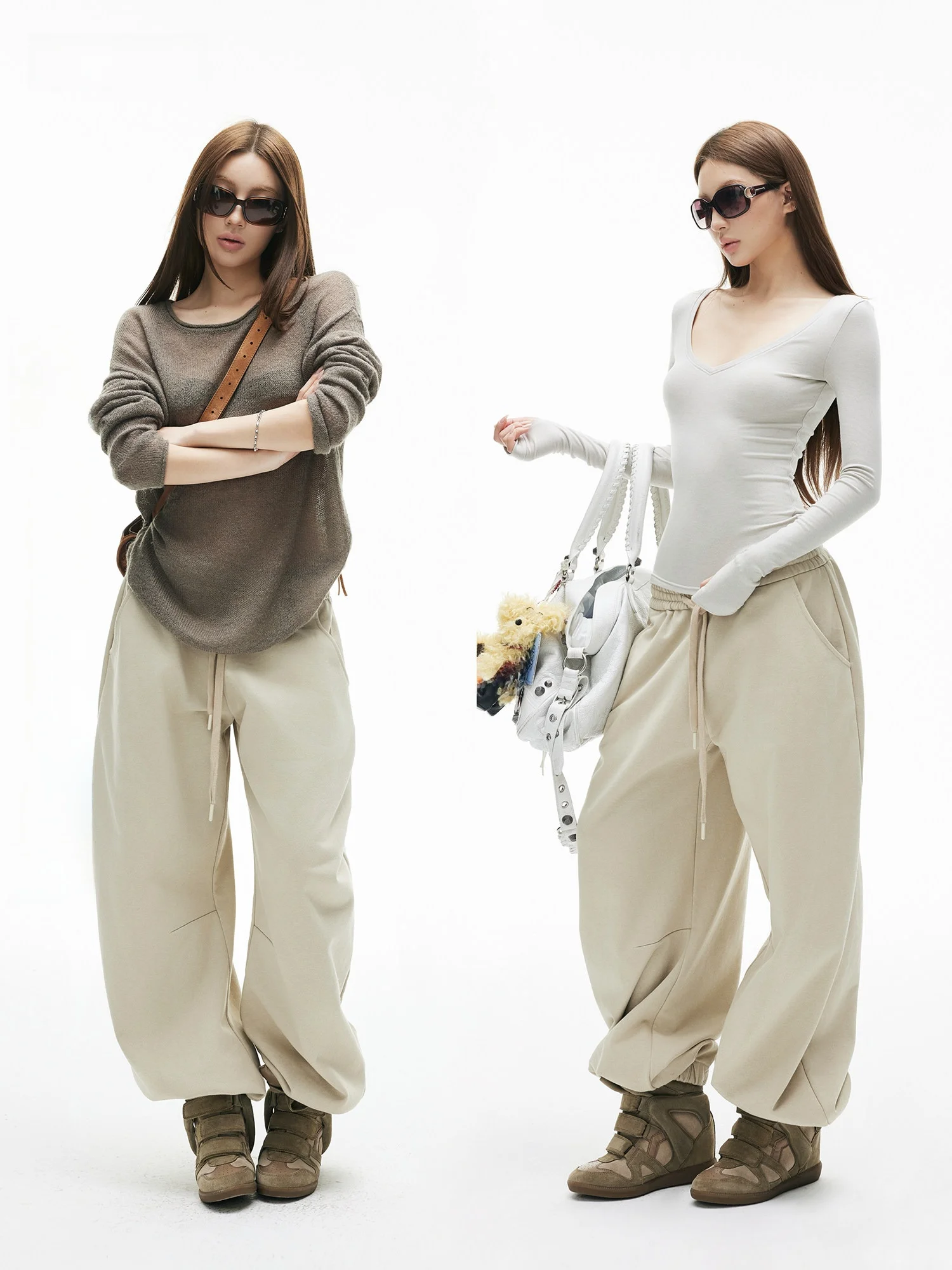 

Iamxiaa Light Khaki Drawstring Elastic Waist Slimming Leg Casual Pants Cotton Sensation Skin-friendly Wide Leg Pants