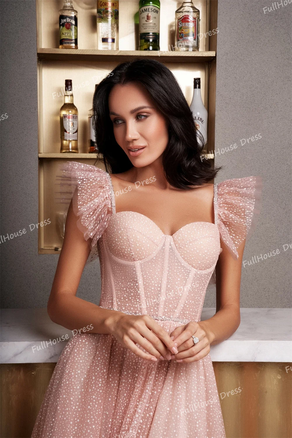 Vestidos de novia hechos a medida con cuello de corazón, lentejuelas hinchadas, corte en A brillante, vestido de fiesta con volantes y cordones en la espalda, vestido de fiesta hasta el té