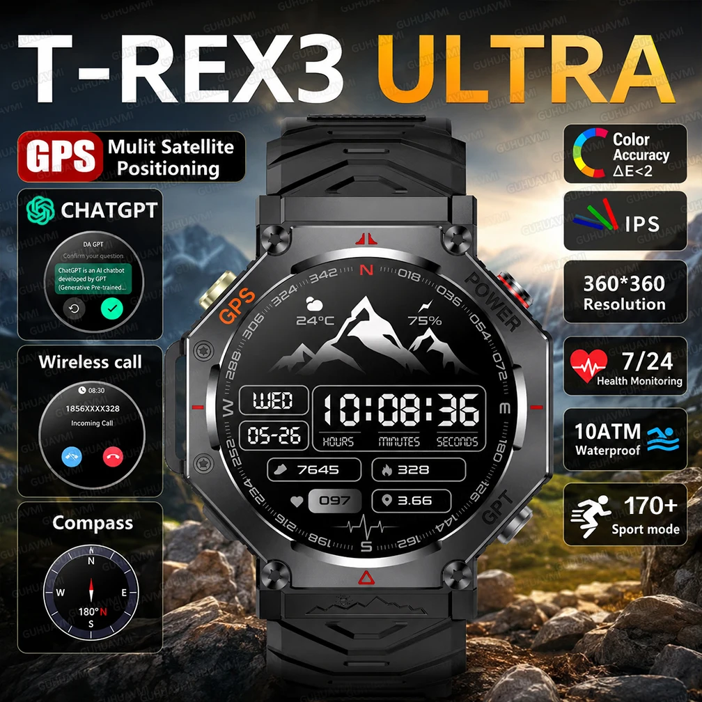 2026 New T-Rex 3 Ultra GPS Smart Watch Men 10ATM Waterproof Built-in Dual-band GNSS Compass ChatGPT Military HD Sport Smartwatch