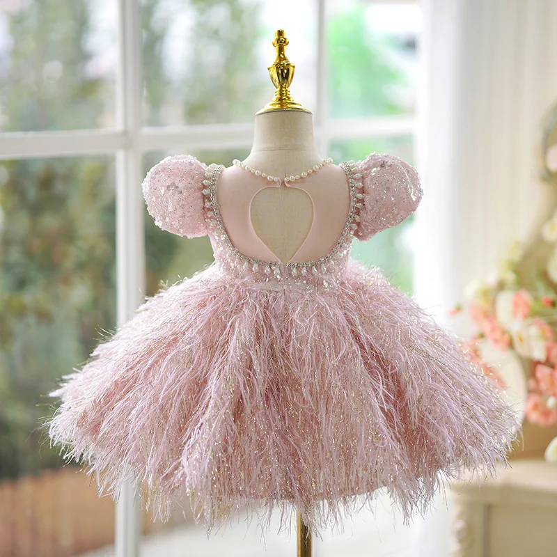 ANGELSBRIDEP Pink Flower Girl Dresses Feathers Princess Dress Baby Girls Host Performance Dress Gorgeous and Elegant