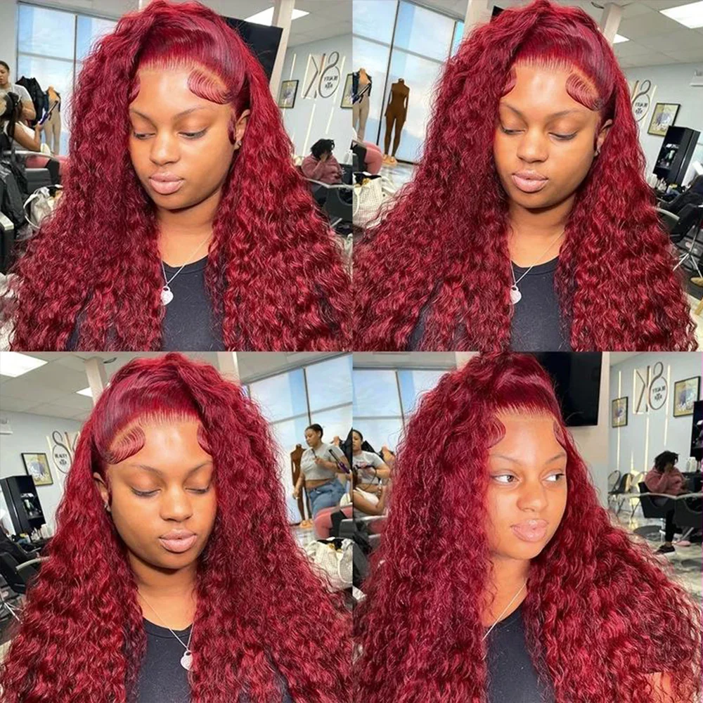 220 الكثافة 99j بورجوندي 13x6 HD الدانتيل أمامي باروكة من شعر طبيعي قبل قطعها الملونة البرازيلي موجة عميقة شعر بشري مجعد شعر مستعار #5