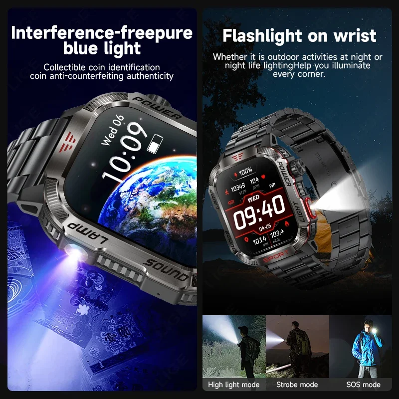 LIGE 600mAh Battery Rechargeable Smart Watch Men For All Smartphone Connections With LED Flashlight Waterproof Smartwatch Sports