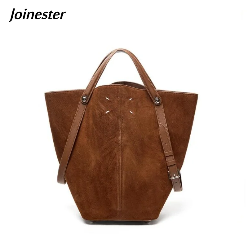 

Ladies Nubuck Cow Leather Large Capacity Tote Bag Versatile Casual Handbag Fashion Pure Color Shoulder Bucket Bag