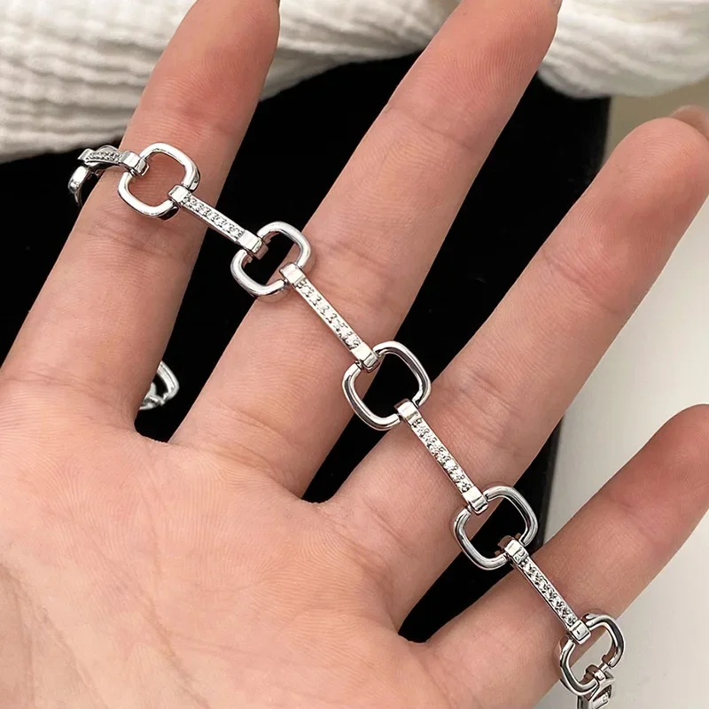 Bracelets à breloques en argent Sterling 925 véritable pour femmes, minimaliste, creux carré, Zircon, bijoux fins géométriques, accessoires tendance