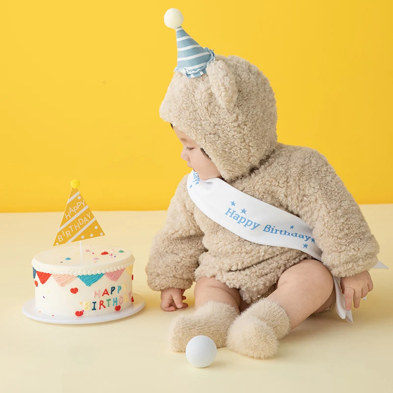 Baby Photography Clothes Plush Bear Hat Jumpsuit Set 3-5 Month Baby Outfit Birthday Cake Theme Photo Props Studio Accessories