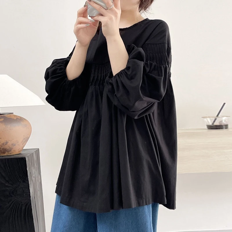 Johnature Autumn New Women Clothing Casual Tops 2024 New Vintage Cotton Linen Loose Pleated Loose Shirts