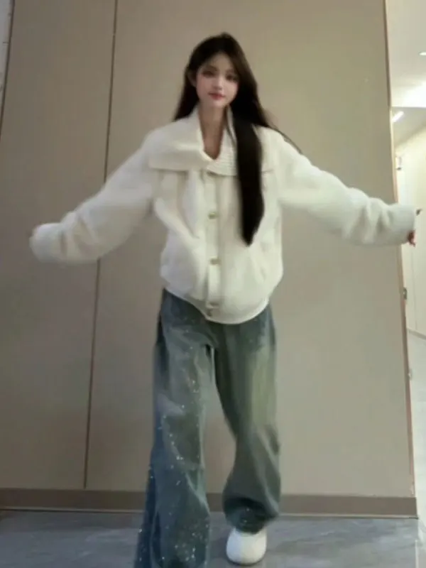 

French Sle Loose Fit ort Casual Coat Women's Turn-down Collar Jaet Winter Outerwear Lightweight Color irt