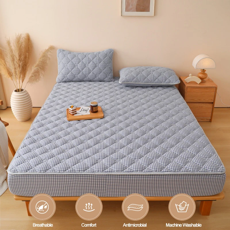 100% Cotton Top Surface Mattress Cover, Breathable Antibacterial & Anti-Mites Fitted Mattress Protector with Plaid Design
