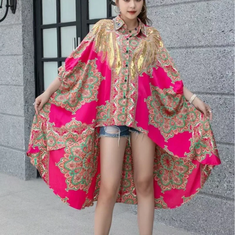 Women Wing Floral Sequined Embroidery Shirts Retro Flowers Printed Diamonds Beaded Bat Shaped Irregular Satin Blouses Long Tops